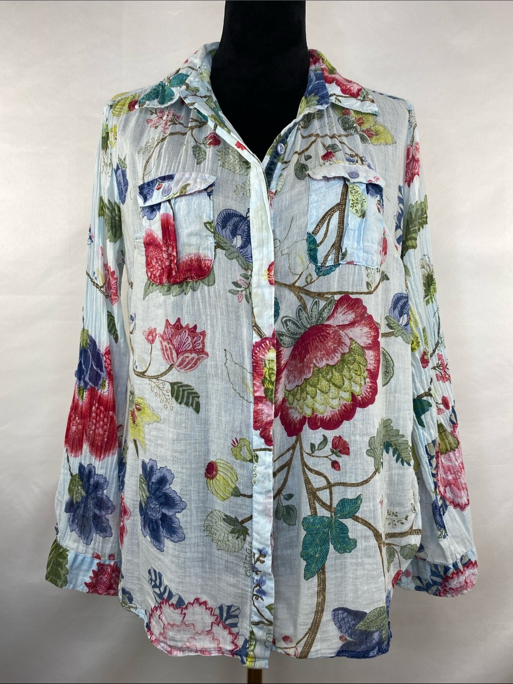 Vintage Goa Floral Botanical Cotton Button Front Blouse Cottagecore Size Medium